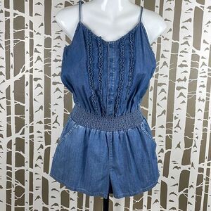 Blue Spice Denim Chambray Smocked Waist Romper M